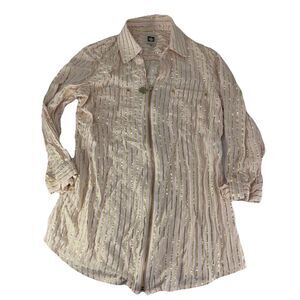 Anne Klein Pink W/Metallic Gold Stripes Collared Zip Front Blouse 3/4 Sleeve XS